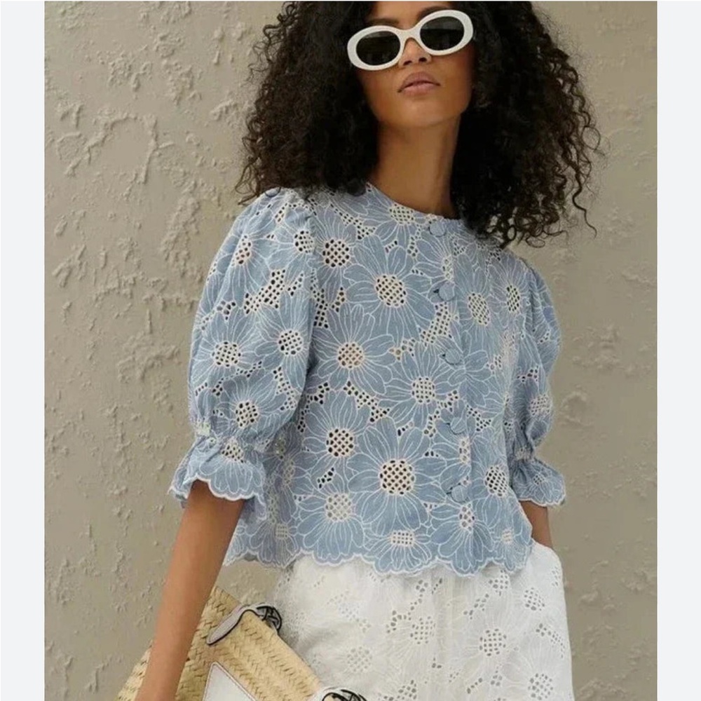 539. Floral Embroidered Button Front Puff Sleeve Top Blue